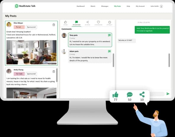 Illustration of mobile app showing likes, comments, and chats from real estate posts